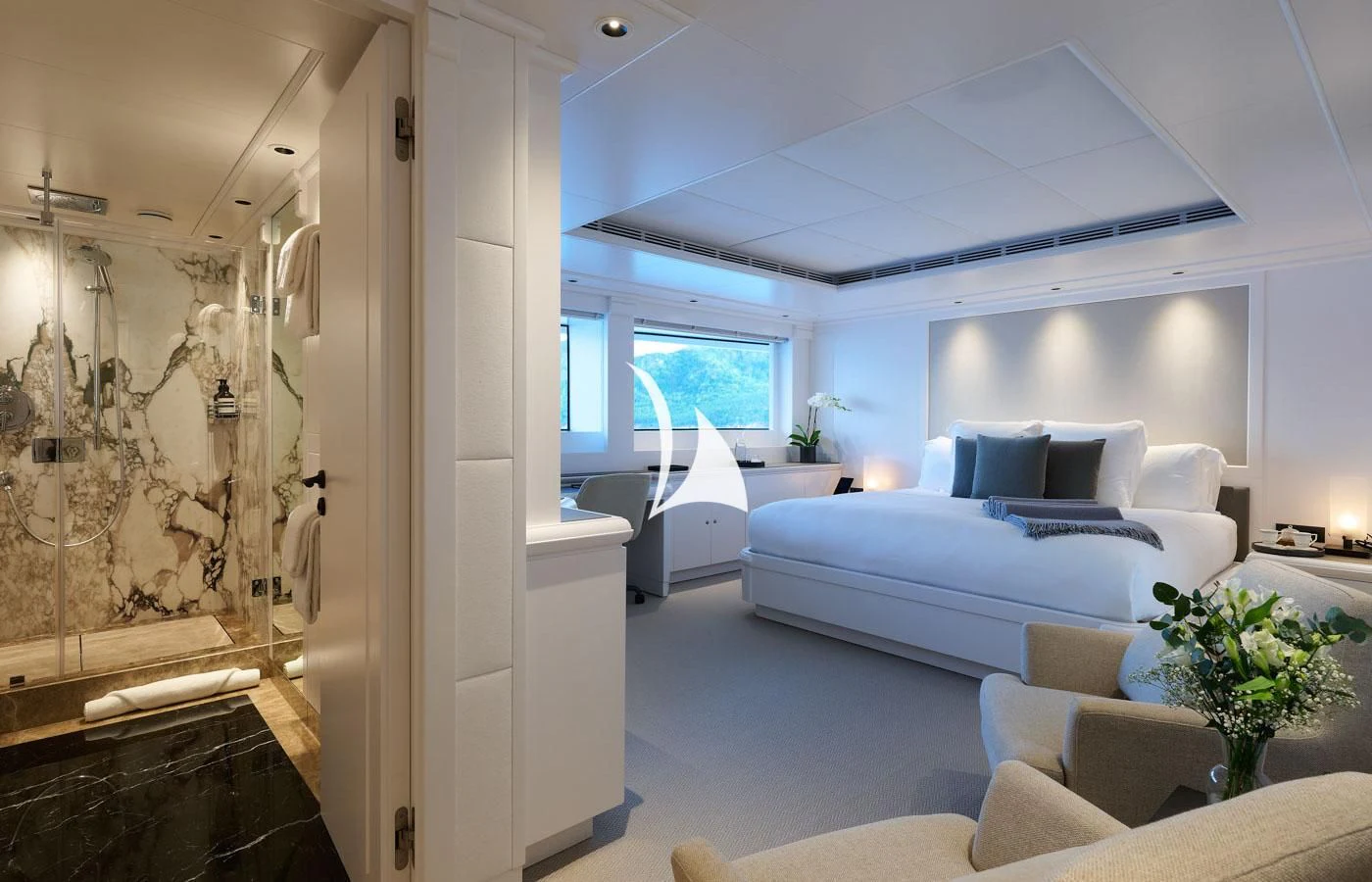 a room with a couch and a table aboard ARBEMA Yacht for Sale