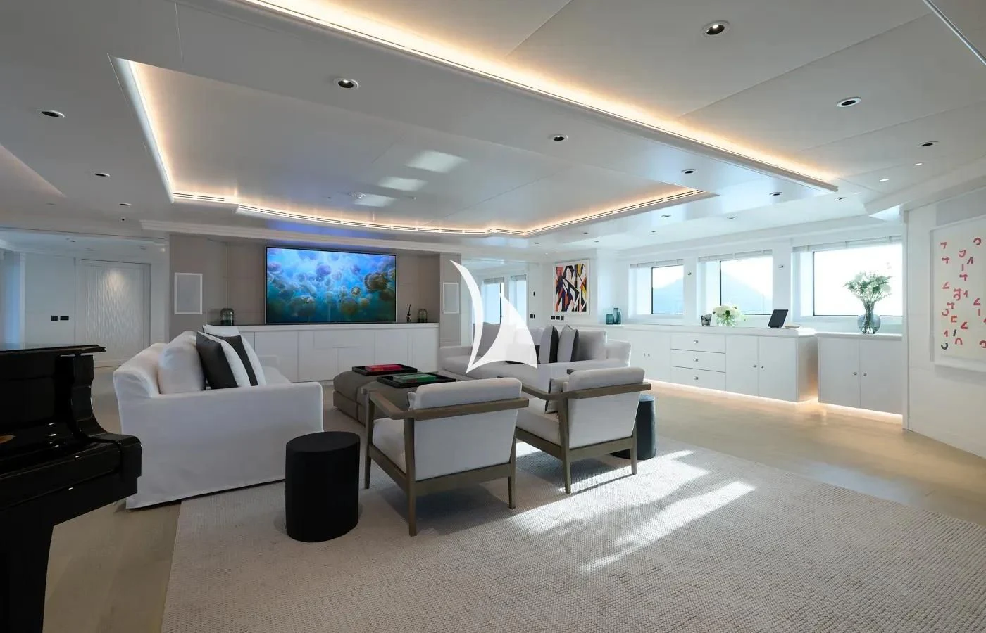 a room with white furniture aboard ARBEMA Yacht for Sale