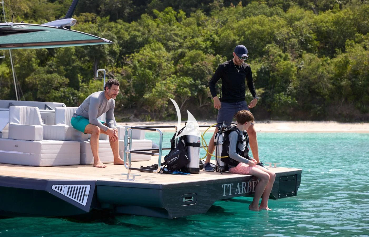 a group of people on a boat aboard ARBEMA Yacht for Sale