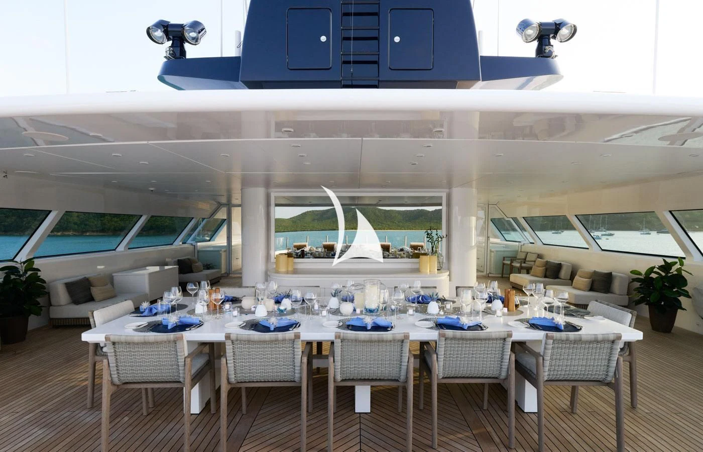 a room with tables and chairs aboard ARBEMA Yacht for Sale