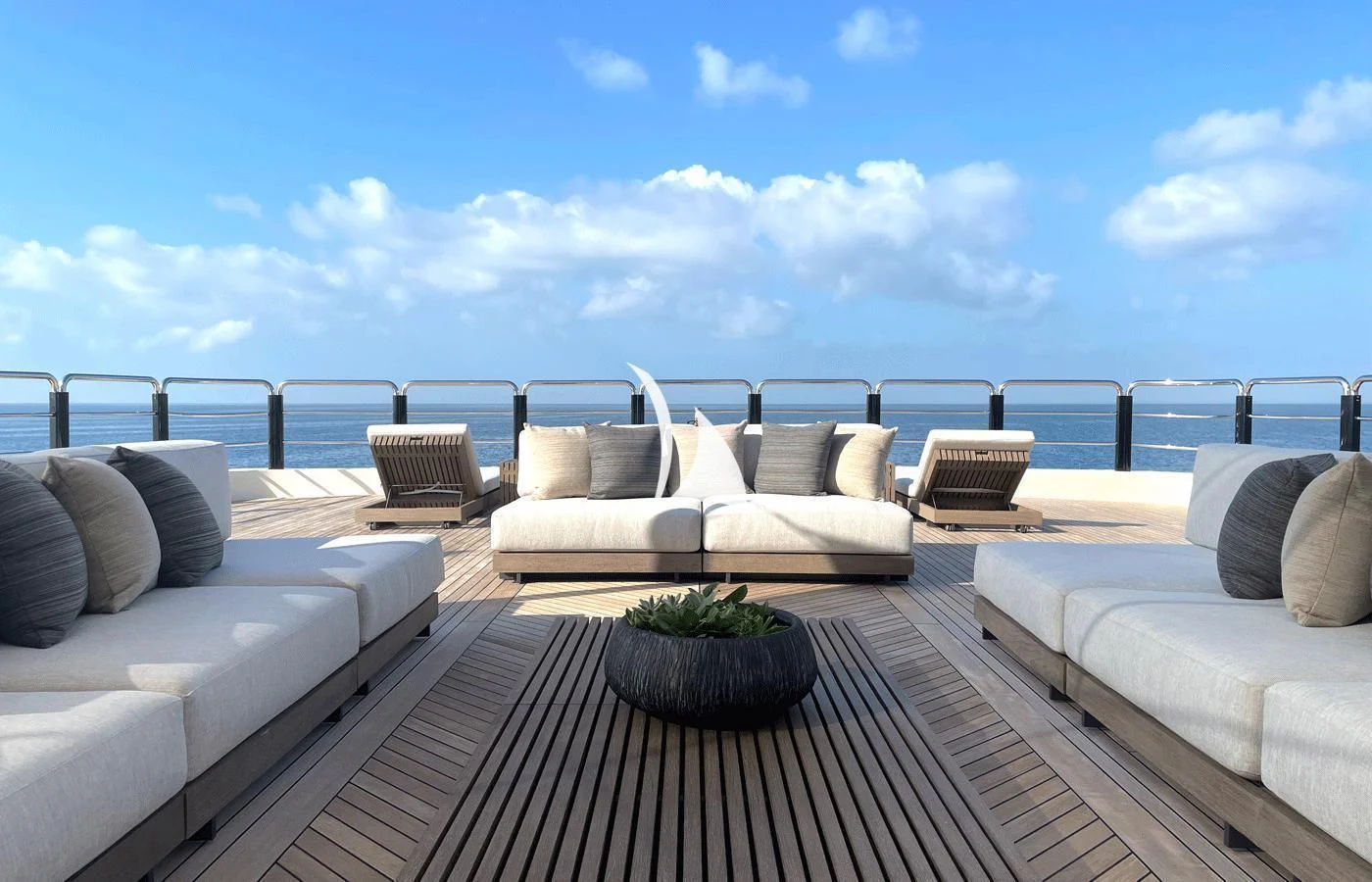 a patio with couches and a table on a balcony aboard ARBEMA Yacht for Sale