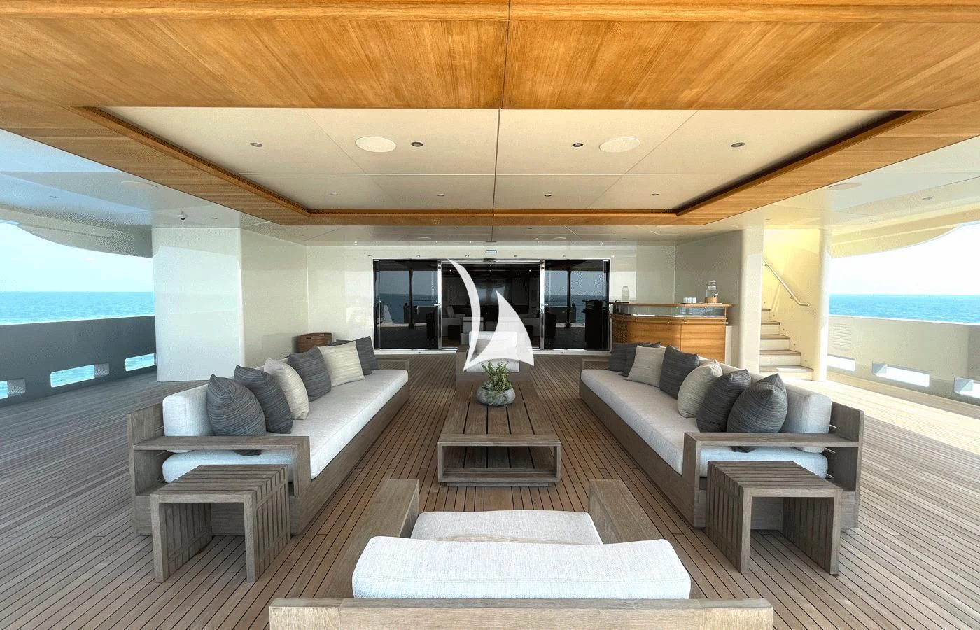 a living room with a large window aboard ARBEMA Yacht for Sale