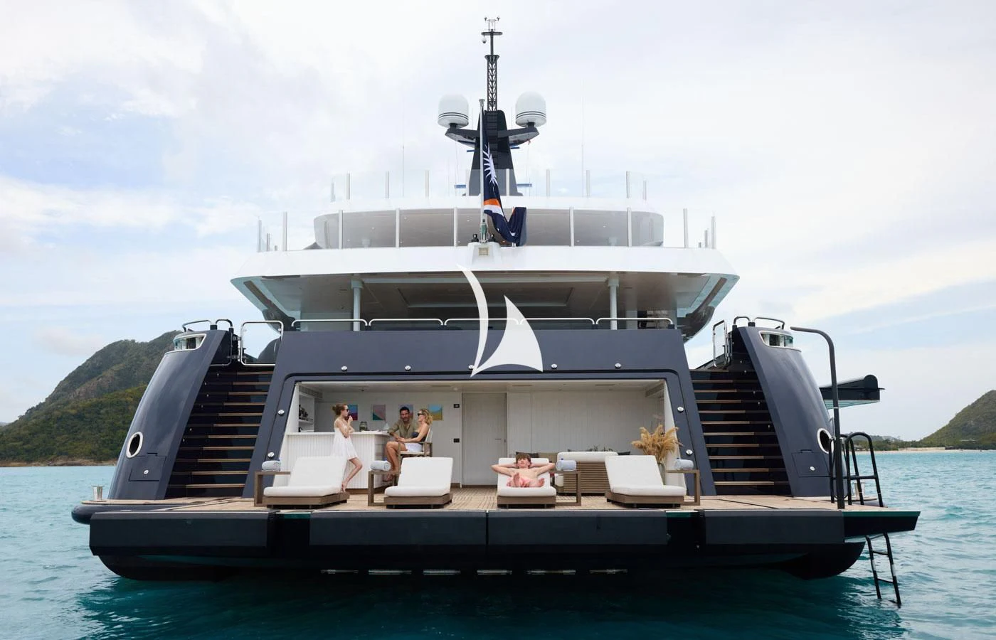 a group of people sitting on a boat on the water aboard ARBEMA Yacht for Sale