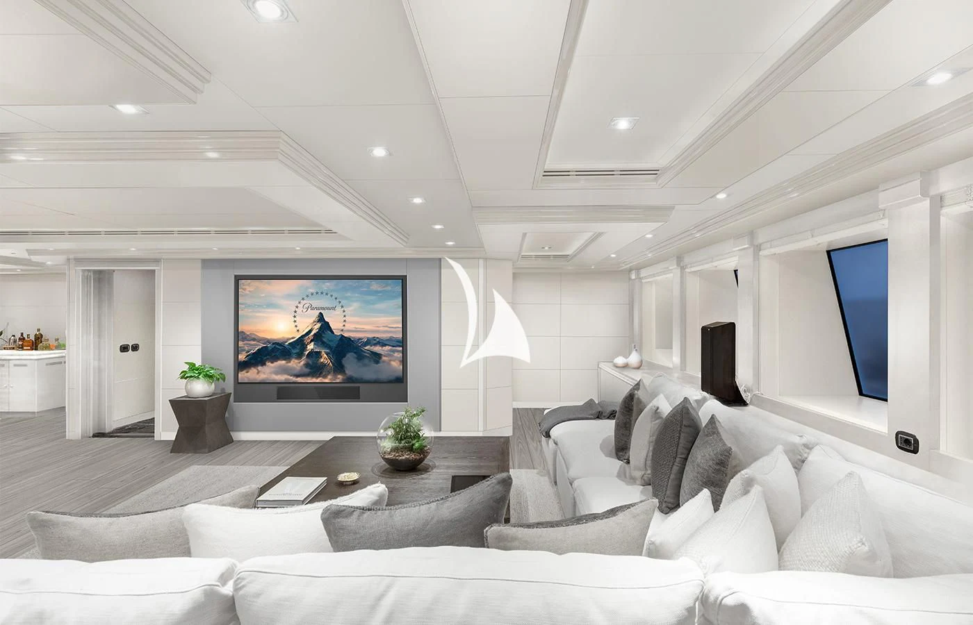 a living room with a large screen aboard ARBEMA Yacht for Sale