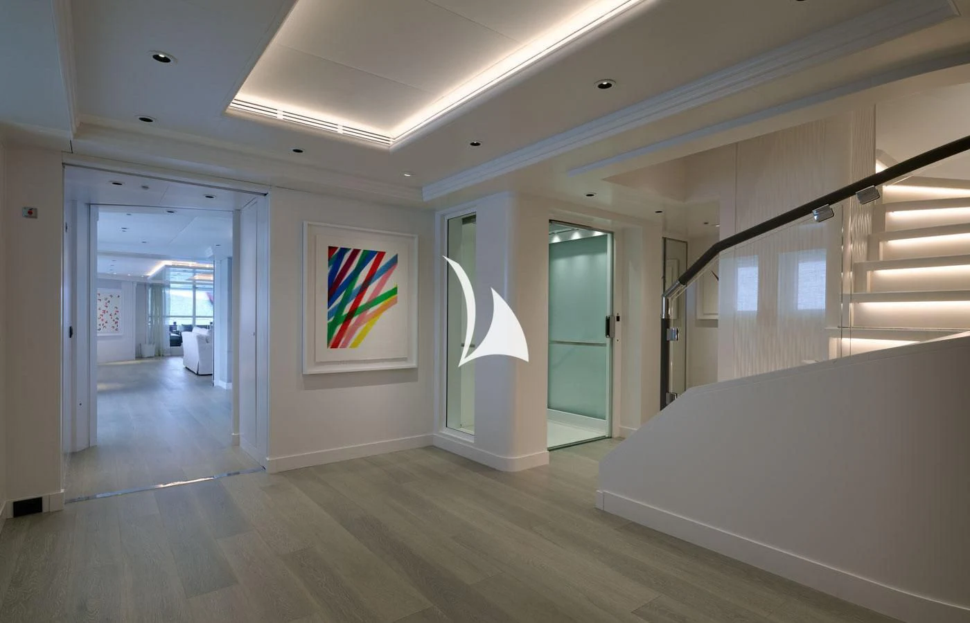 a room with a large white bed aboard ARBEMA Yacht for Sale