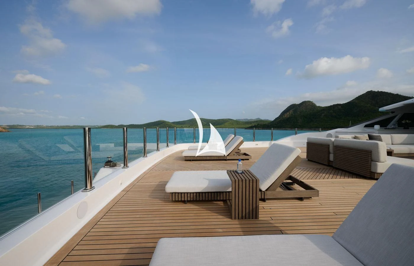 a deck with a boat on it aboard ARBEMA Yacht for Sale