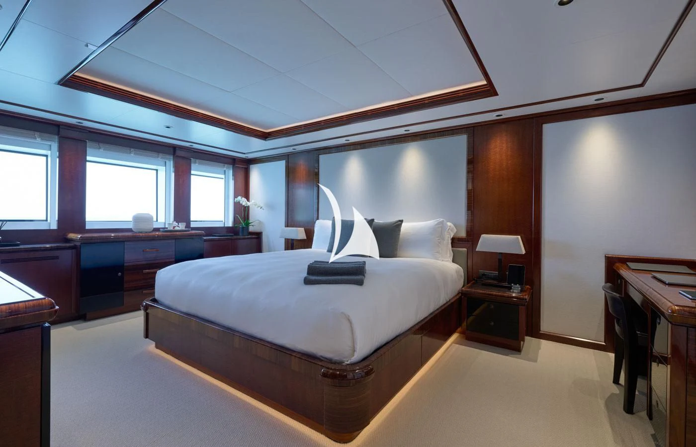 a bedroom with a large bed aboard ARBEMA Yacht for Sale