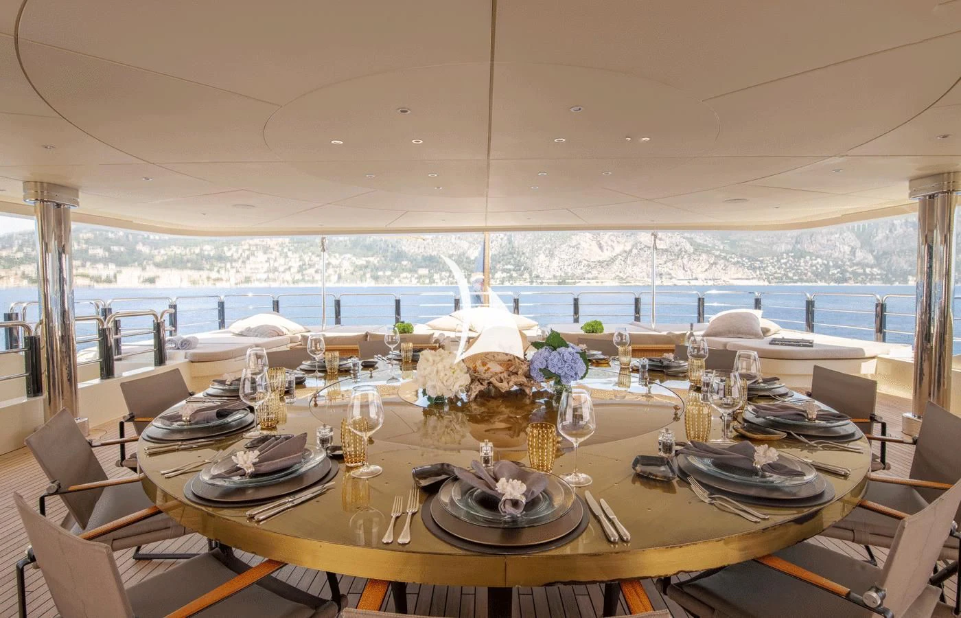 a table set for a dinner party aboard ARBEMA Yacht for Sale