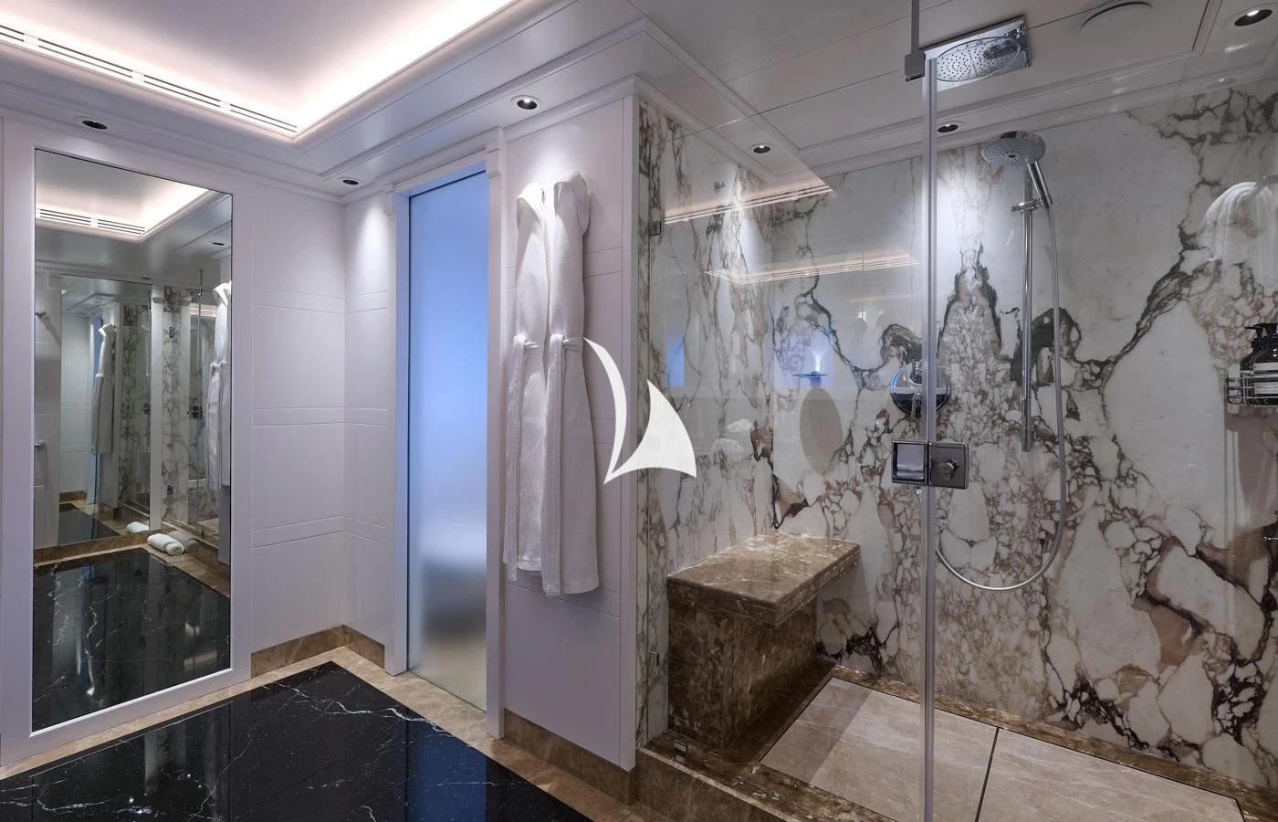 a bathroom with a large mirror aboard ARBEMA Yacht for Sale