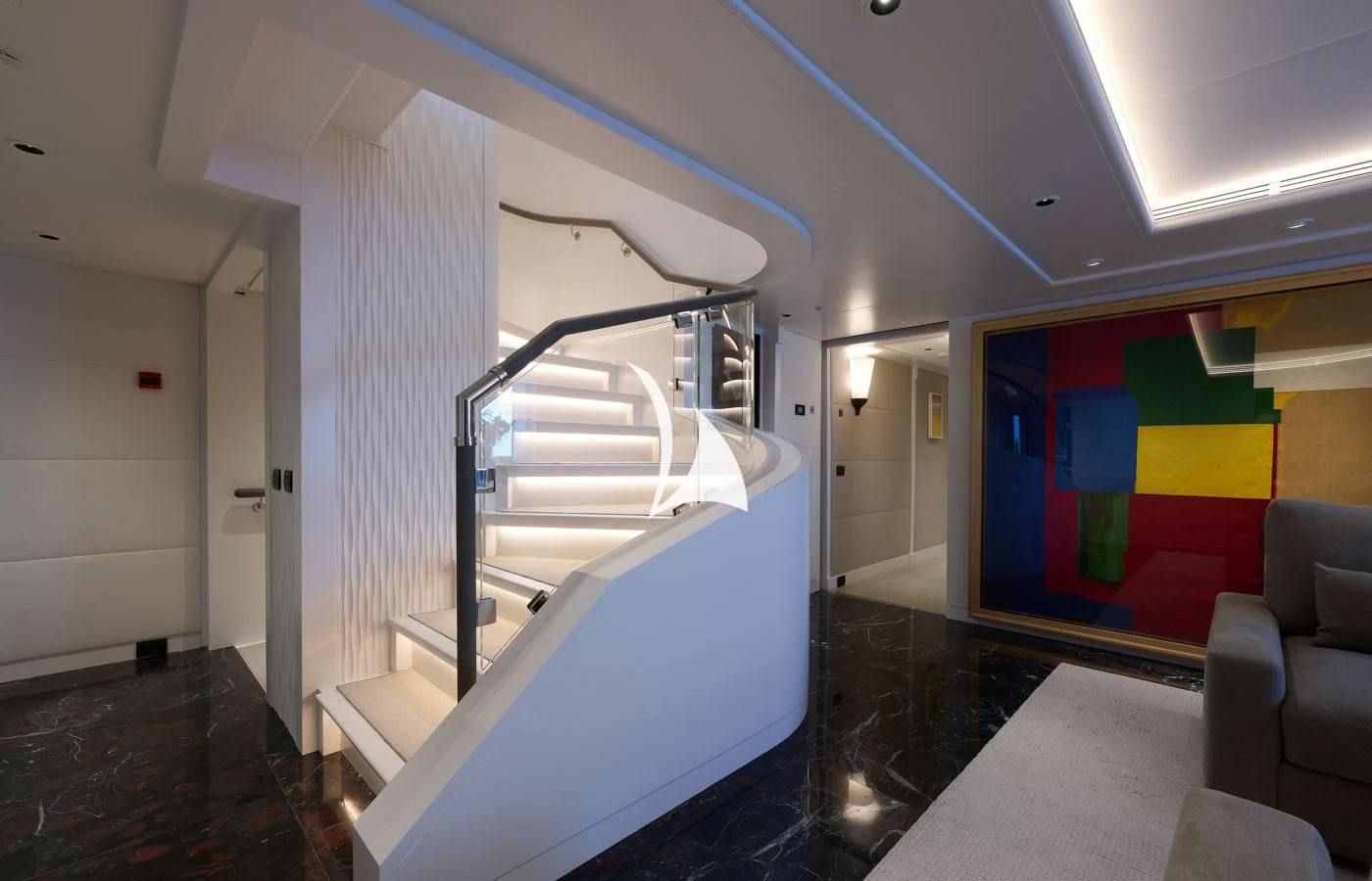 a staircase in a room aboard ARBEMA Yacht for Sale