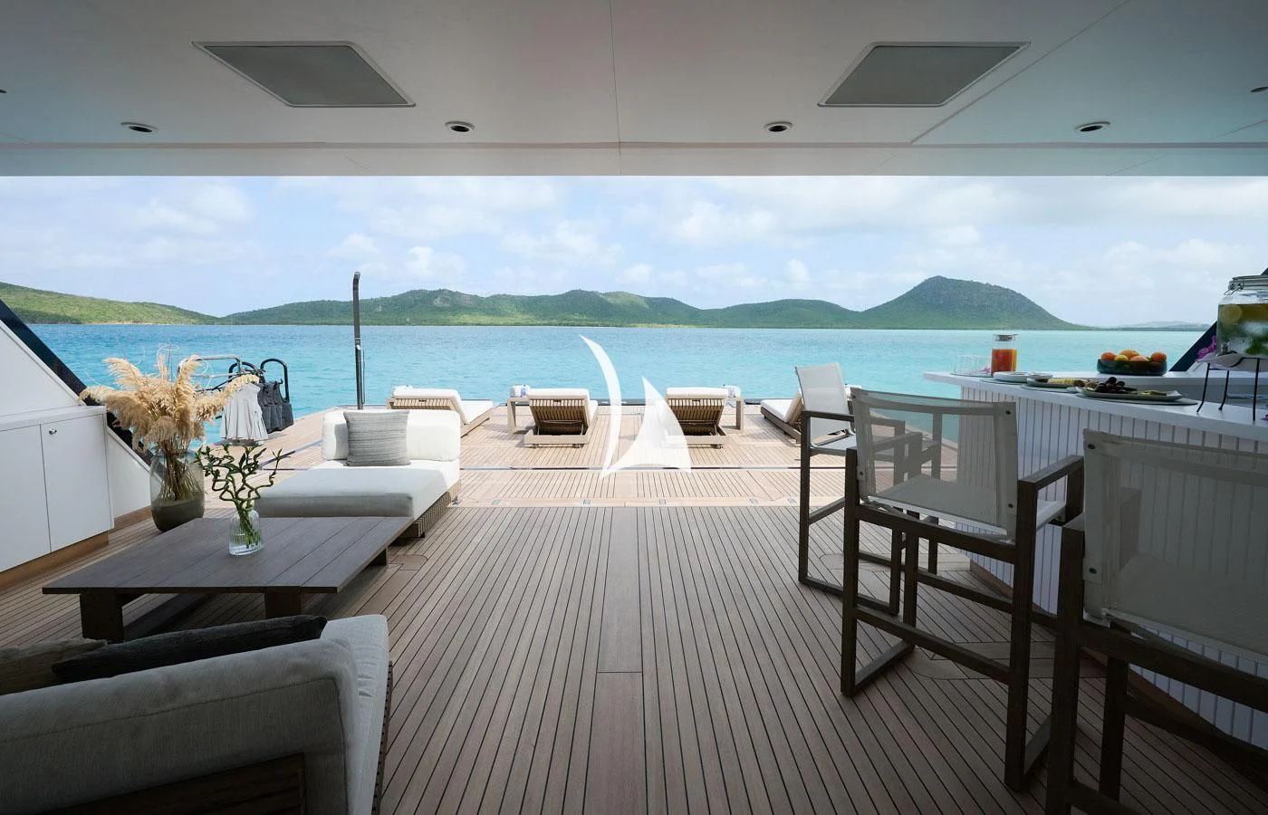 a room with a table chairs and a large body of water aboard ARBEMA Yacht for Sale