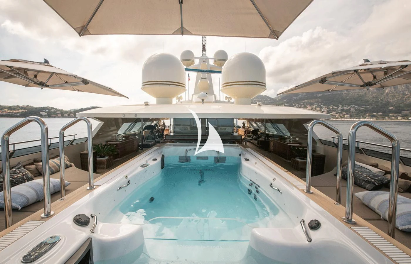 a boat with a large white canopy aboard ARBEMA Yacht for Sale