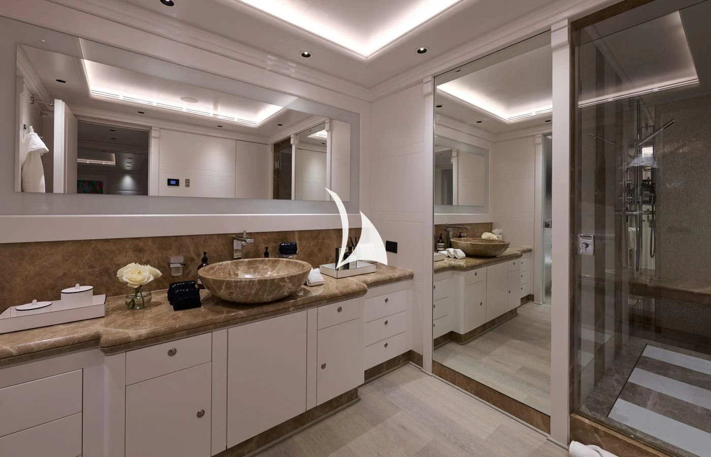 a kitchen with a sink and a mirror aboard ARBEMA Yacht for Sale
