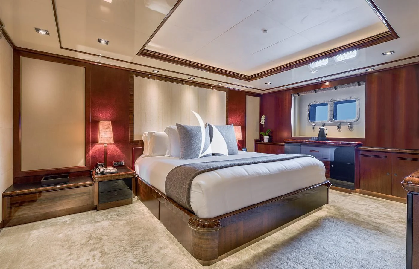 a large bed in a hotel room aboard ARBEMA Yacht for Sale