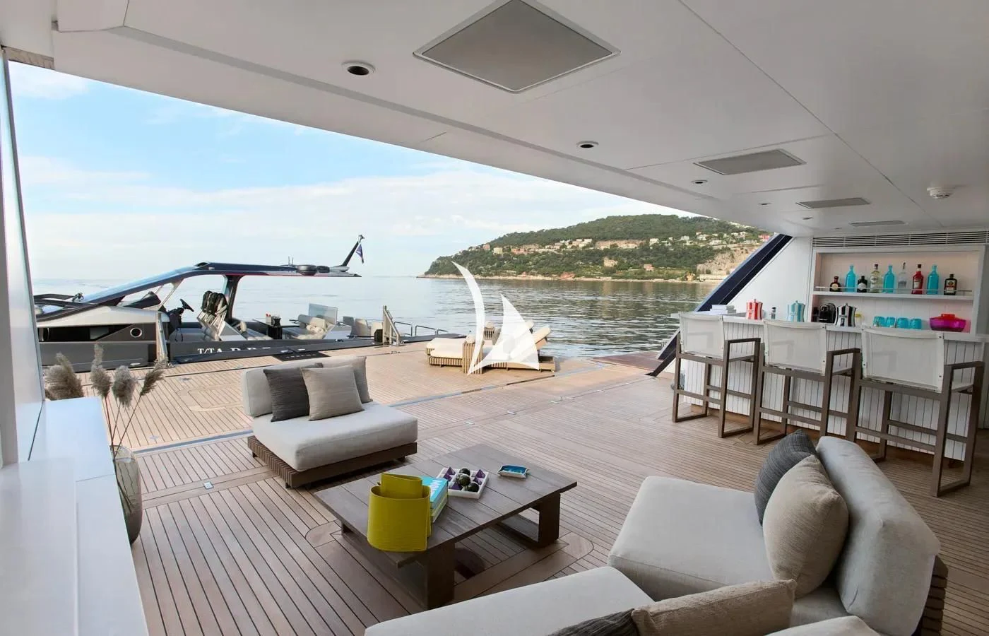 a living room with a large open window aboard ARBEMA Yacht for Sale