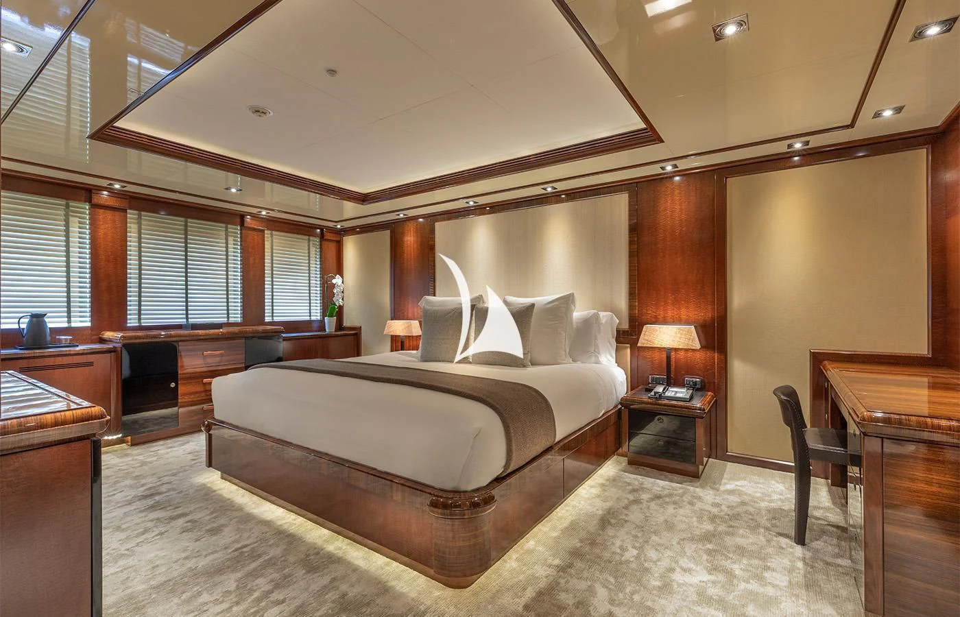 a large bed in a room aboard ARBEMA Yacht for Sale