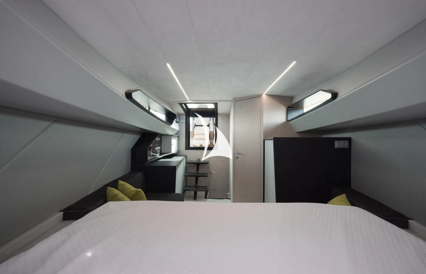 a room with a white table and a black cabinet aboard ARBEMA Yacht for Sale
