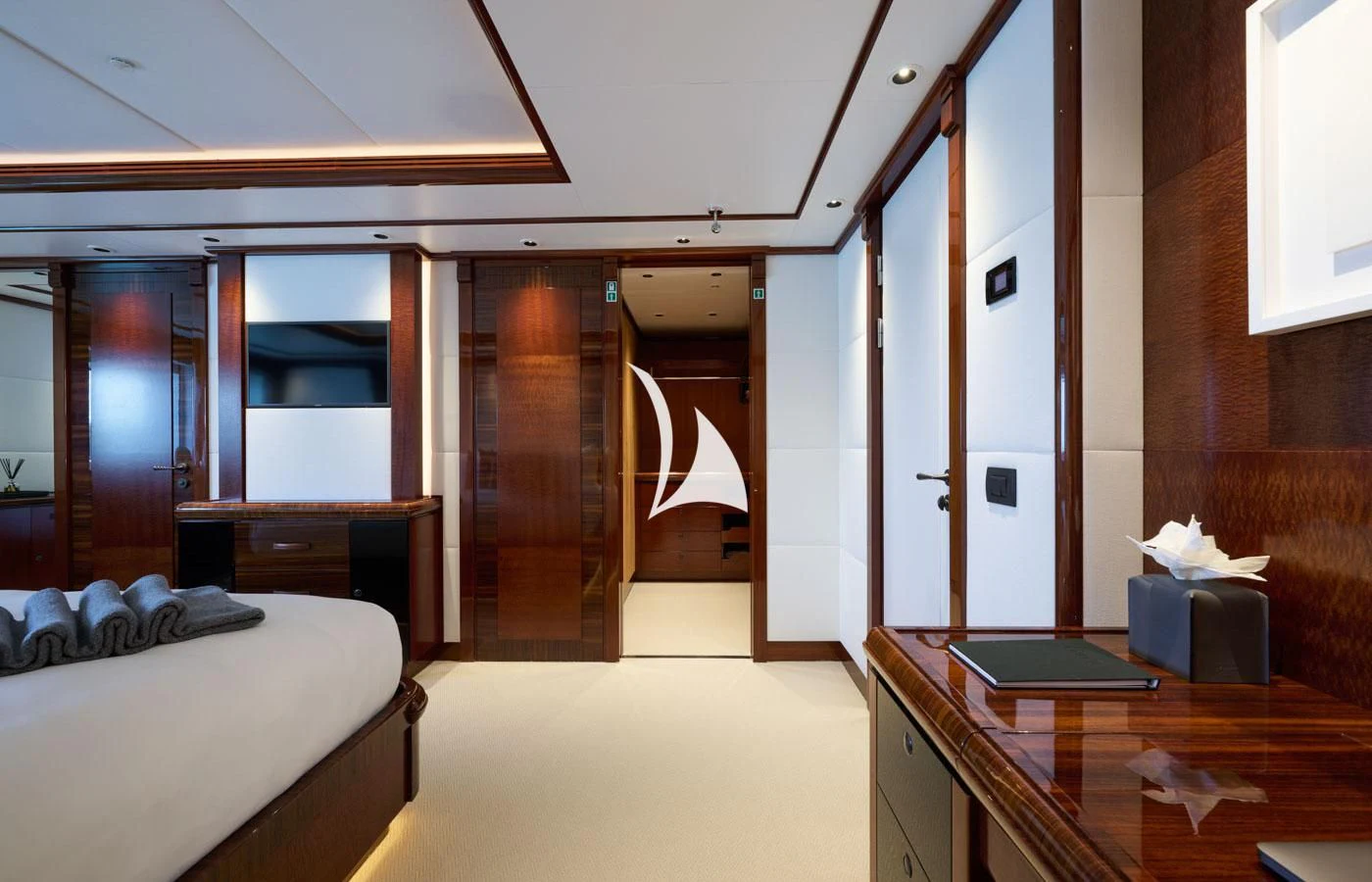 a room with a bed and a desk aboard ARBEMA Yacht for Sale