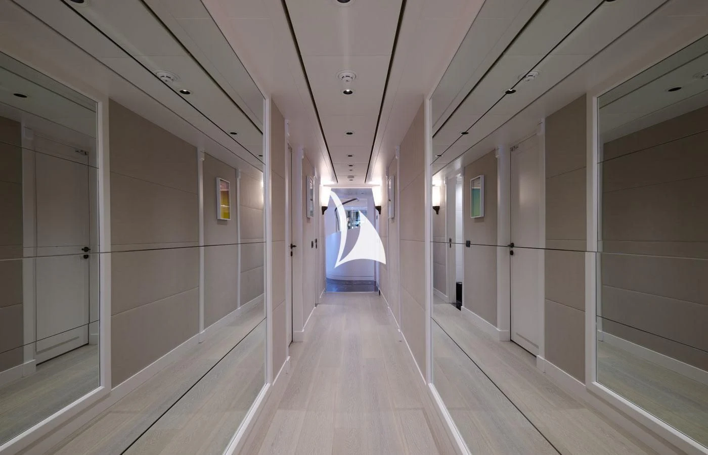 a long hallway with white walls aboard ARBEMA Yacht for Sale
