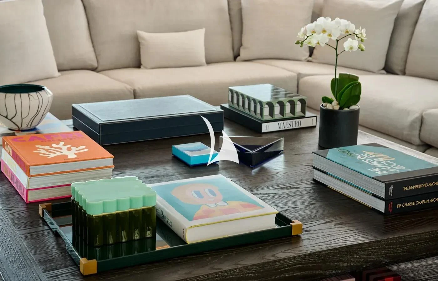 a table with a group of boxes on it aboard ARBEMA Yacht for Sale