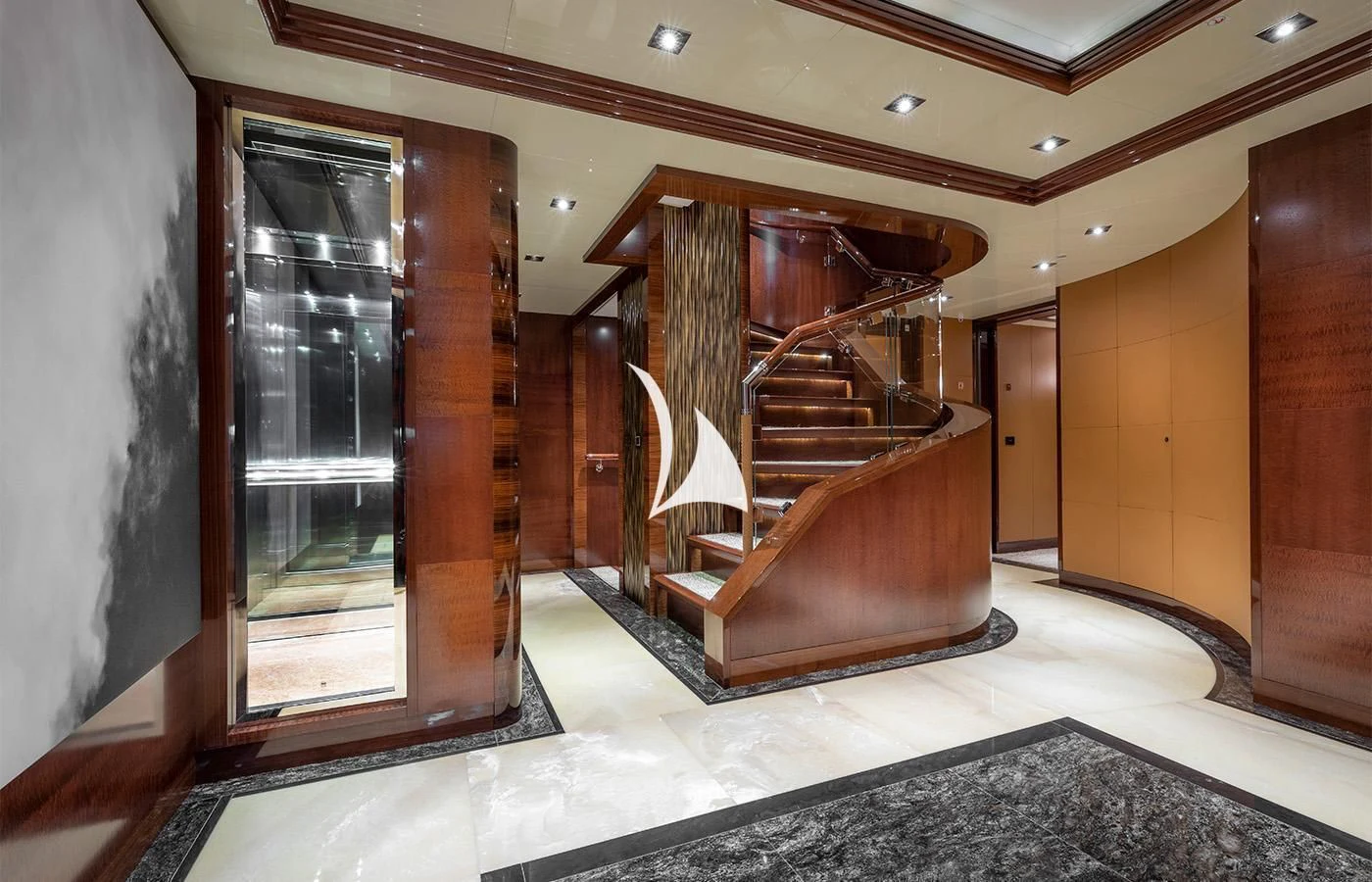 a room with a staircase and a glass door aboard ARBEMA Yacht for Sale