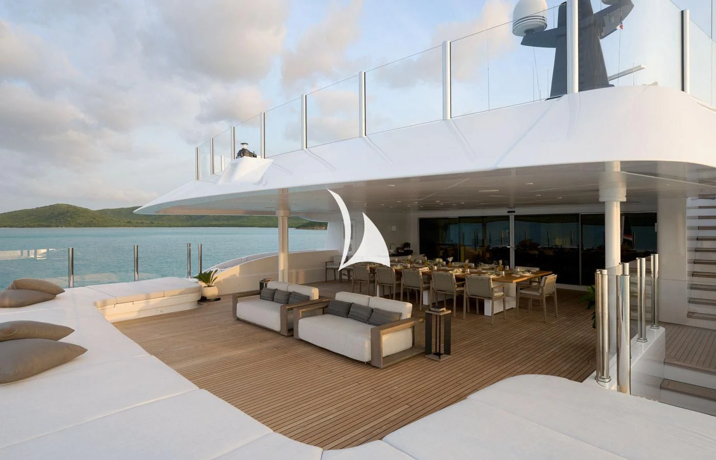 a large white lounge area with a large white lounge chair and a large white lounge chair and a aboard ARBEMA Yacht for Sale