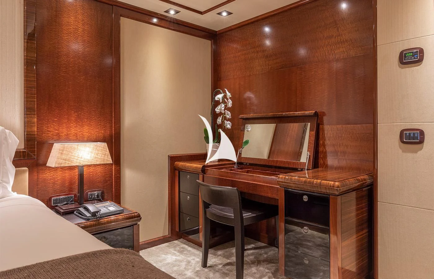 a room with a desk and a television aboard ARBEMA Yacht for Sale