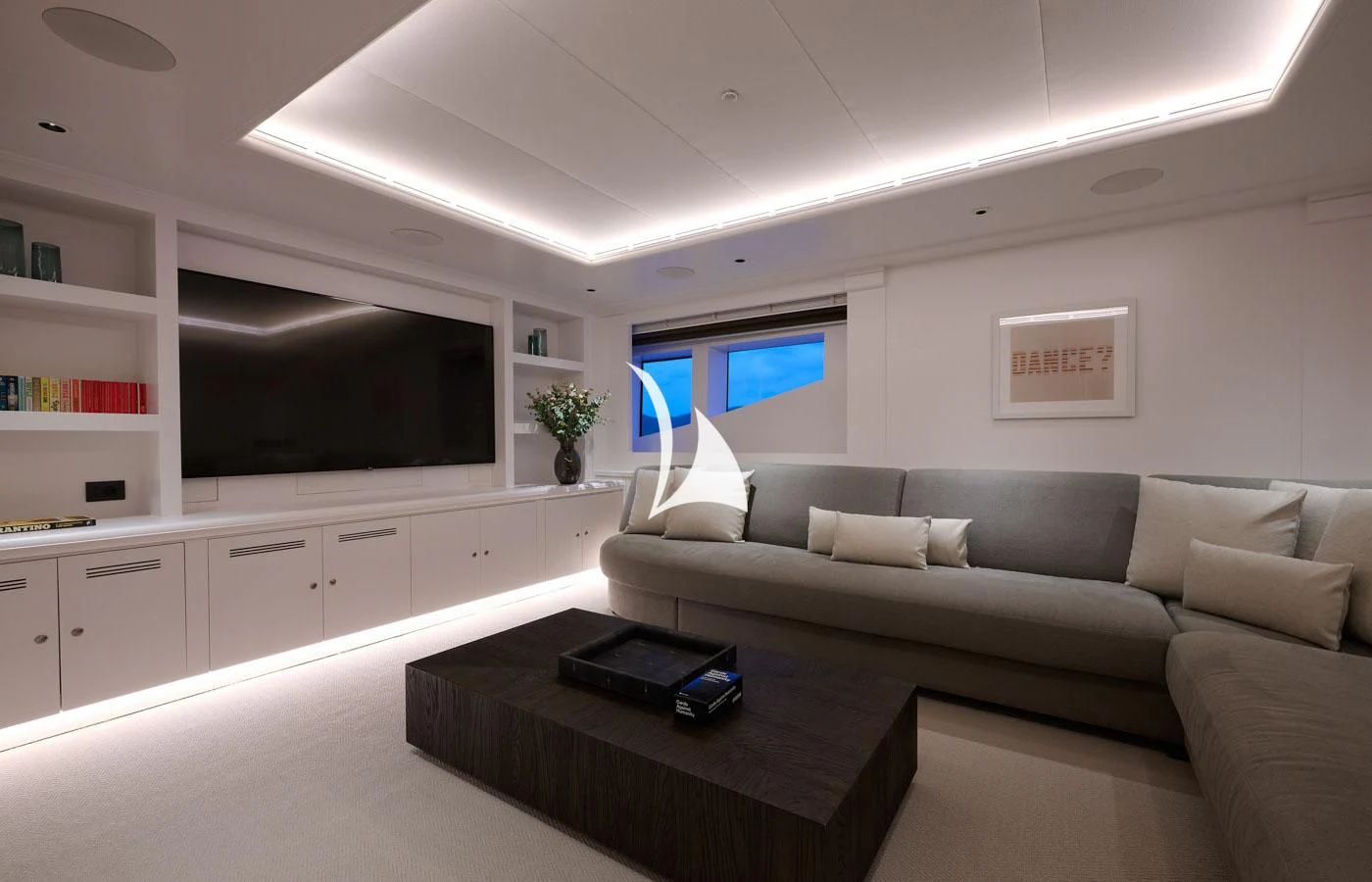 a living room with a couch and a tv aboard ARBEMA Yacht for Sale