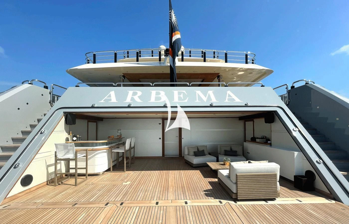a large white boat on a dock aboard ARBEMA Yacht for Sale