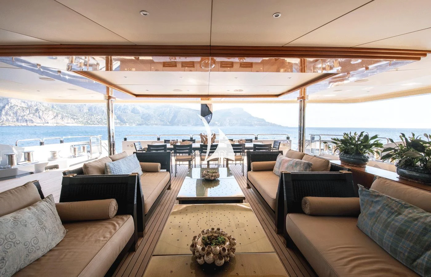 a living room with a large patio aboard ARBEMA Yacht for Sale