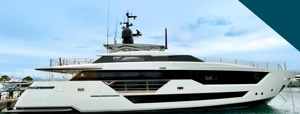 a white yacht docked aboard AMORES Yacht for Sale