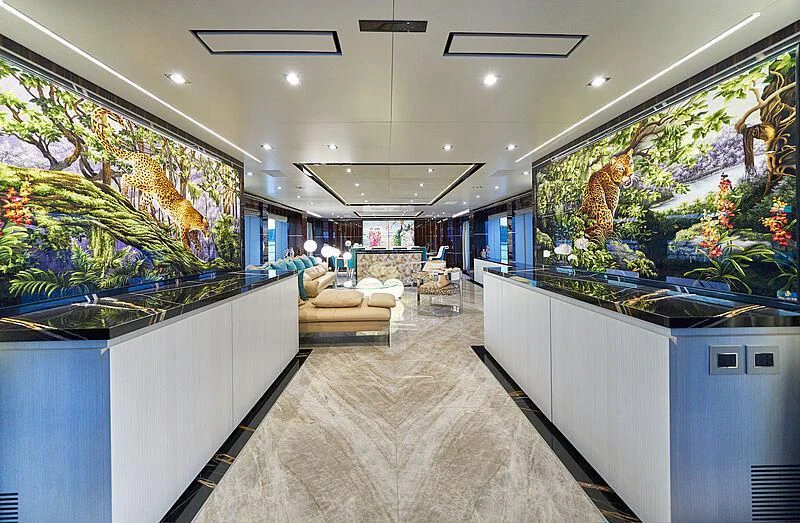a room with a large mural aboard HAPPY ME Yacht for Charter
