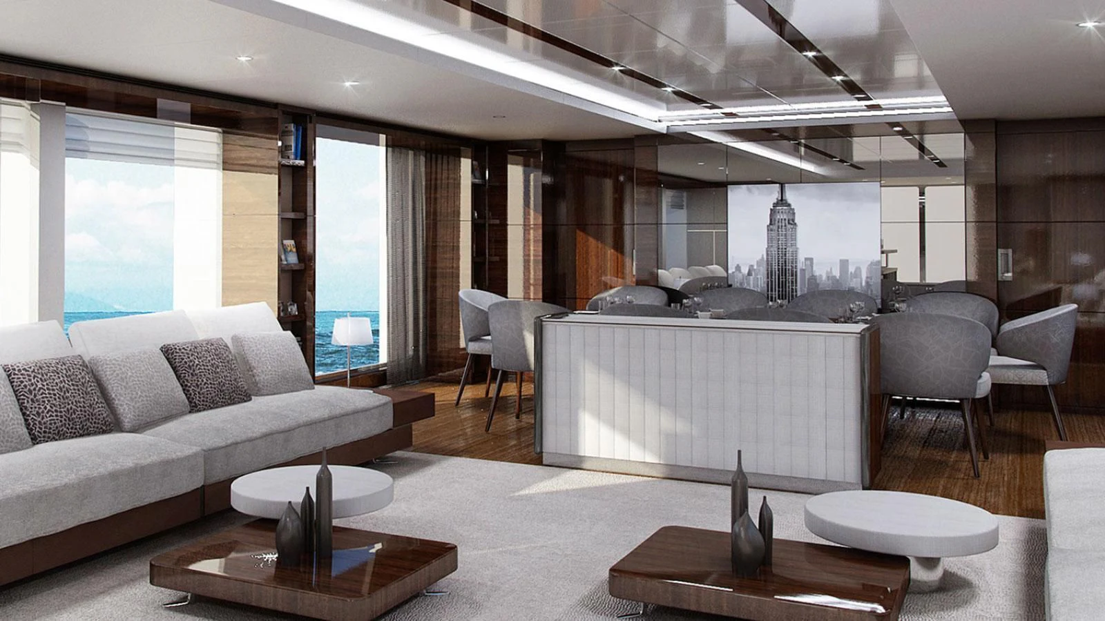 a living room with a couch and a table aboard HAPPY ME Yacht for Charter