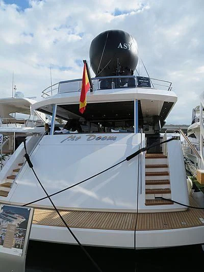 a boat with a helmet on the deck aboard MR DOOM Yacht for Sale