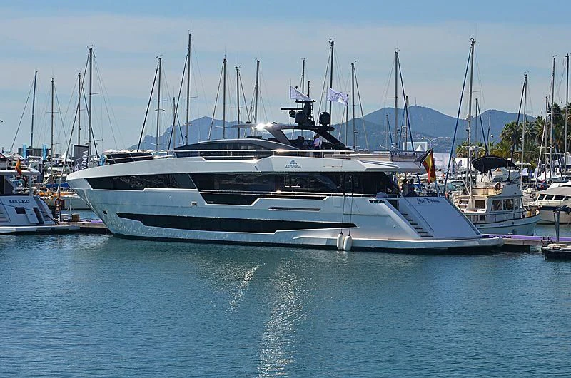 a large white yacht in the water aboard MR DOOM Yacht for Sale