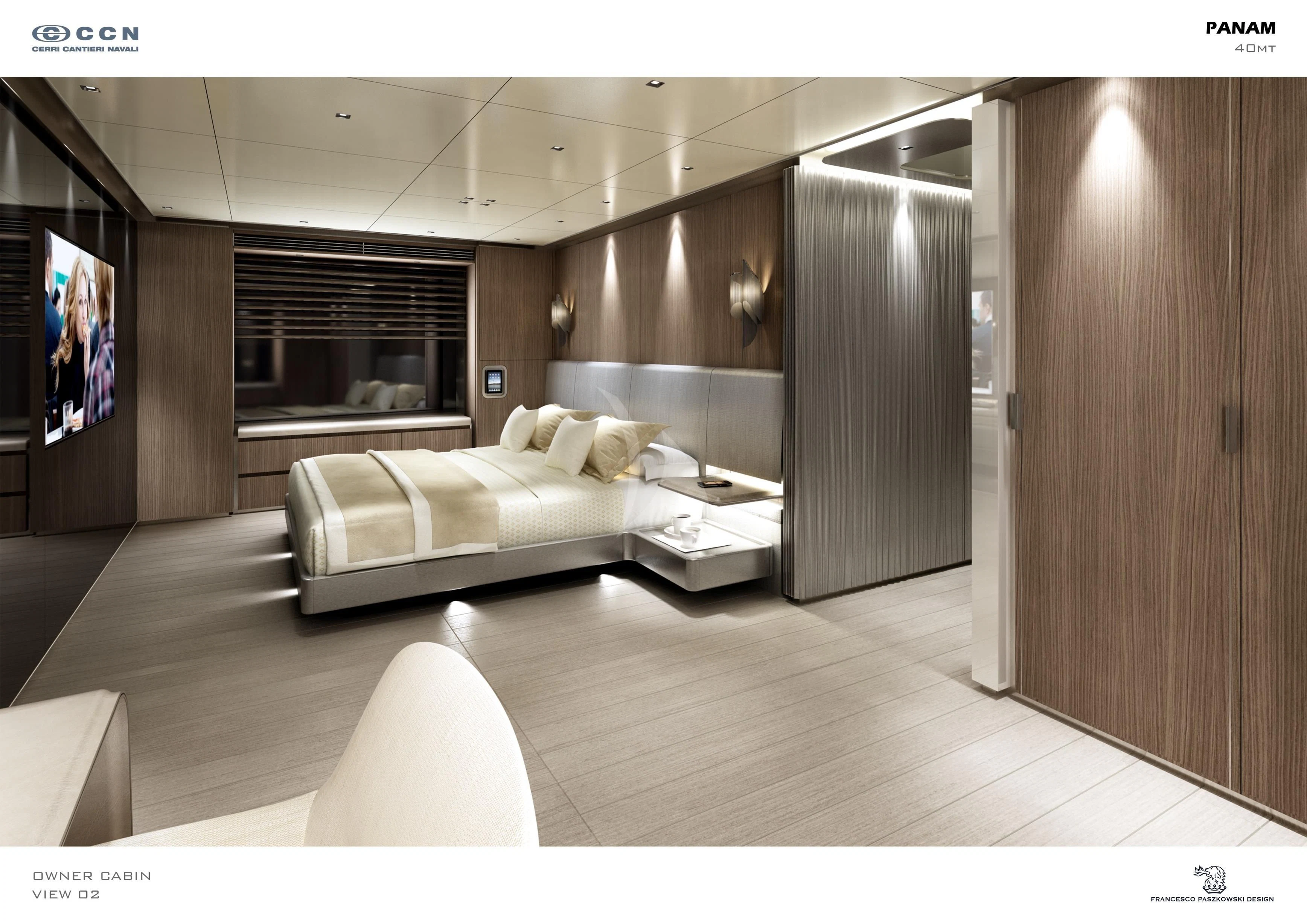 a room with a bed and a tv aboard PANAM Yacht for Sale