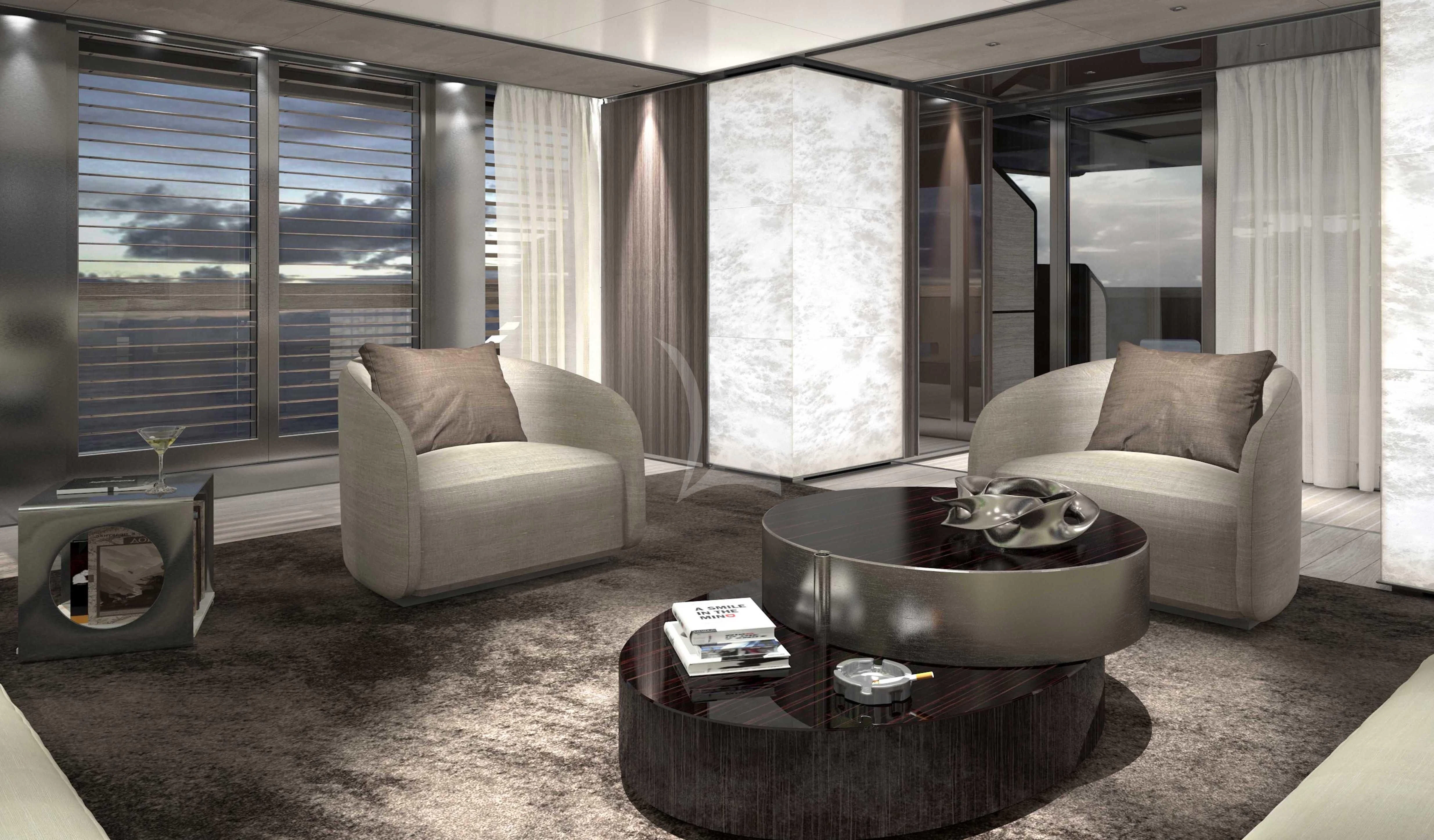 a living room with a couch and a coffee table aboard PANAM Yacht for Sale
