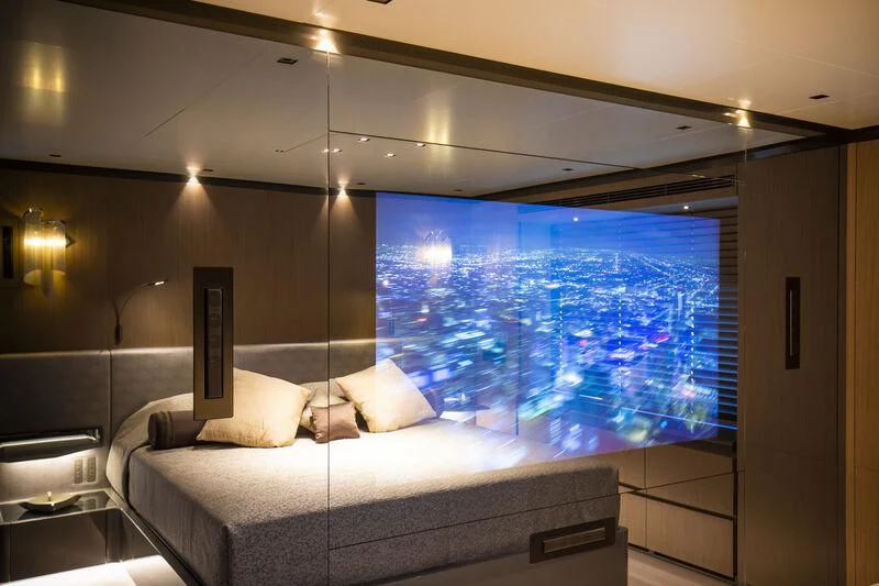 a large bed in a room aboard PANAM Yacht for Sale