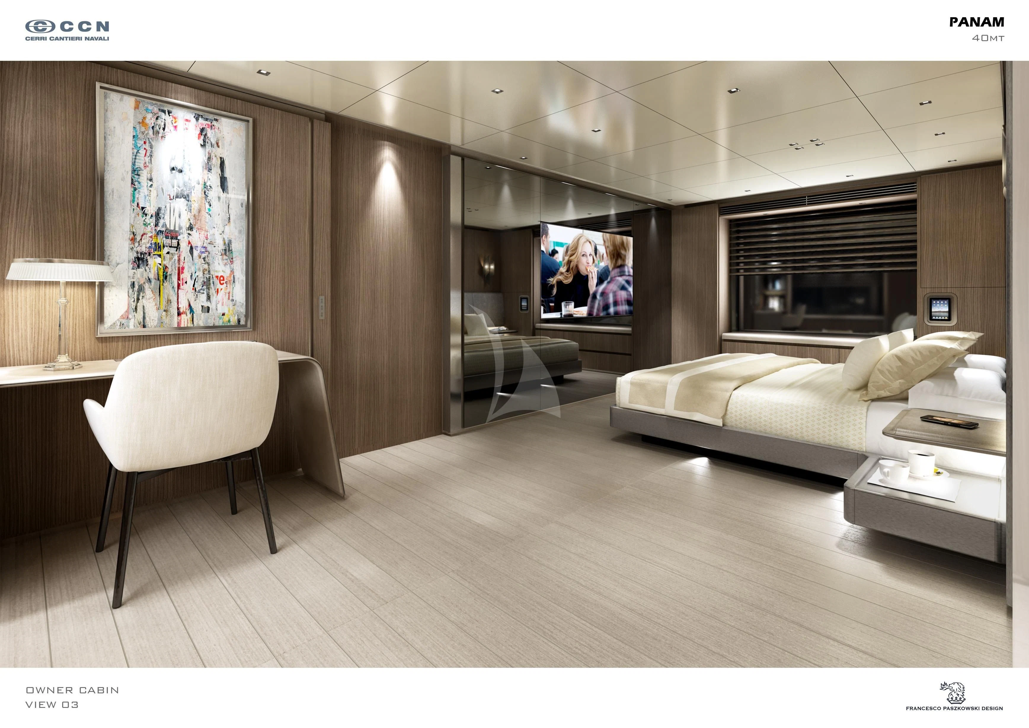a room with a bed and a tv aboard PANAM Yacht for Sale