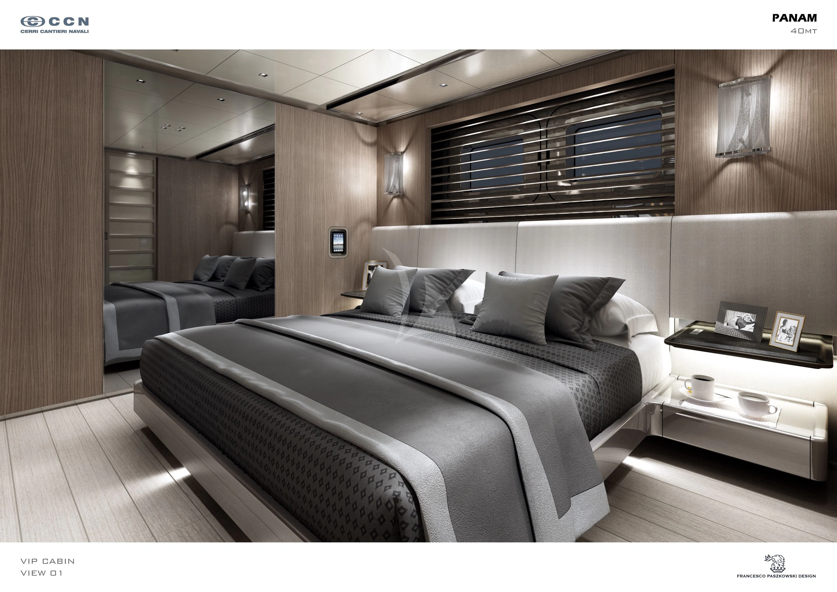a bed in a room aboard PANAM Yacht for Sale