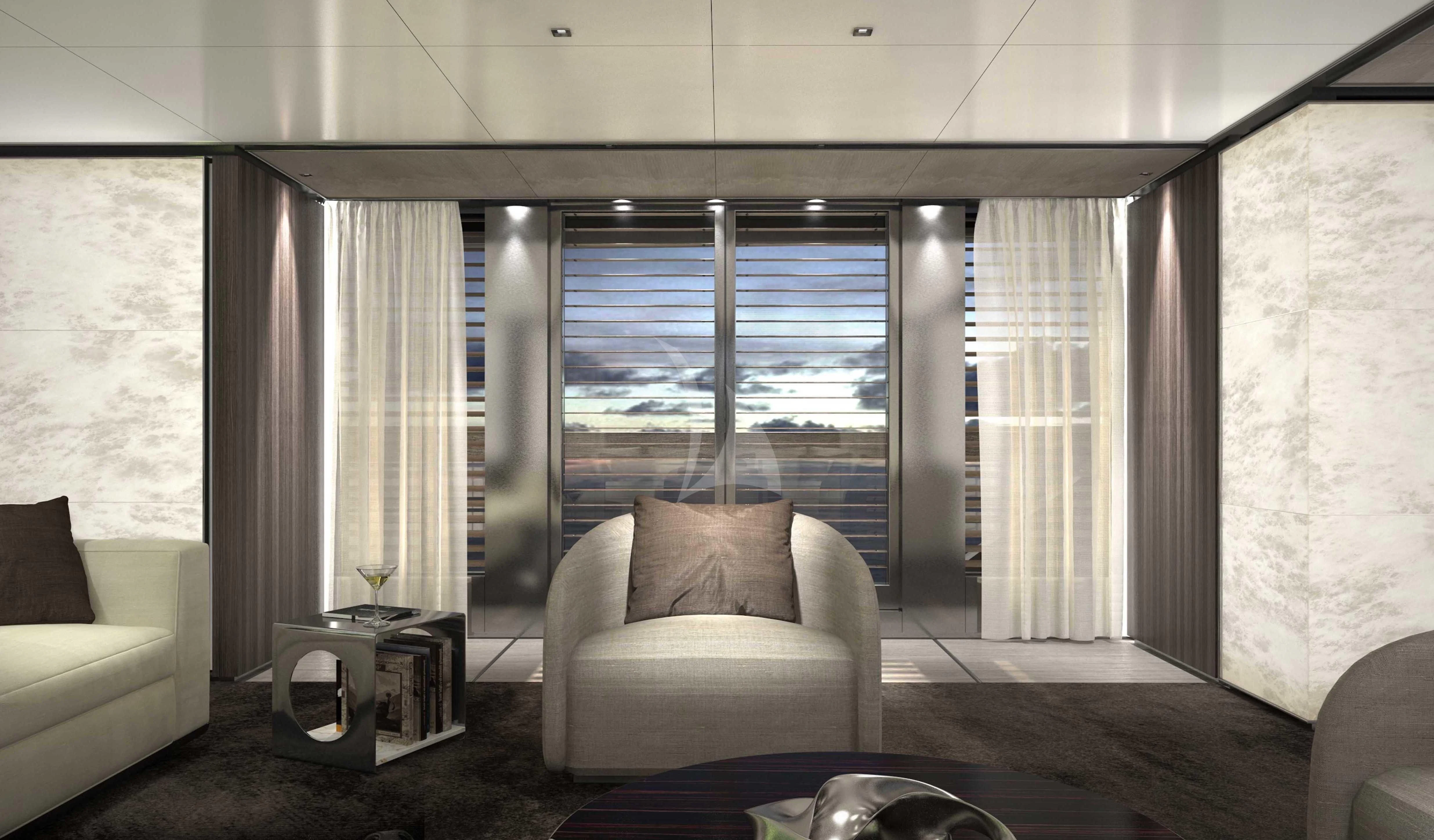 a living room with a couch and a window aboard PANAM Yacht for Sale