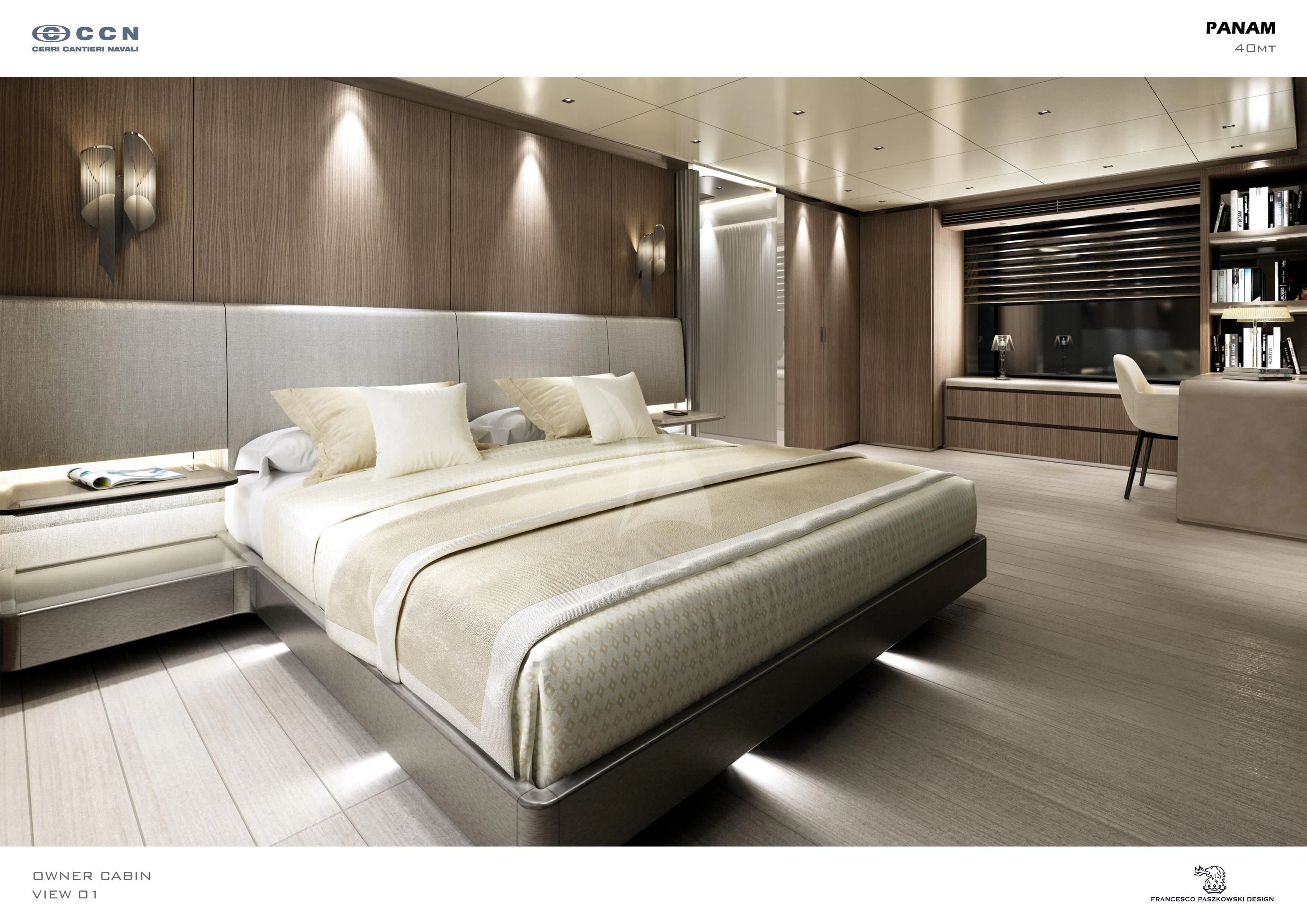 a large bed in a room aboard PANAM Yacht for Sale