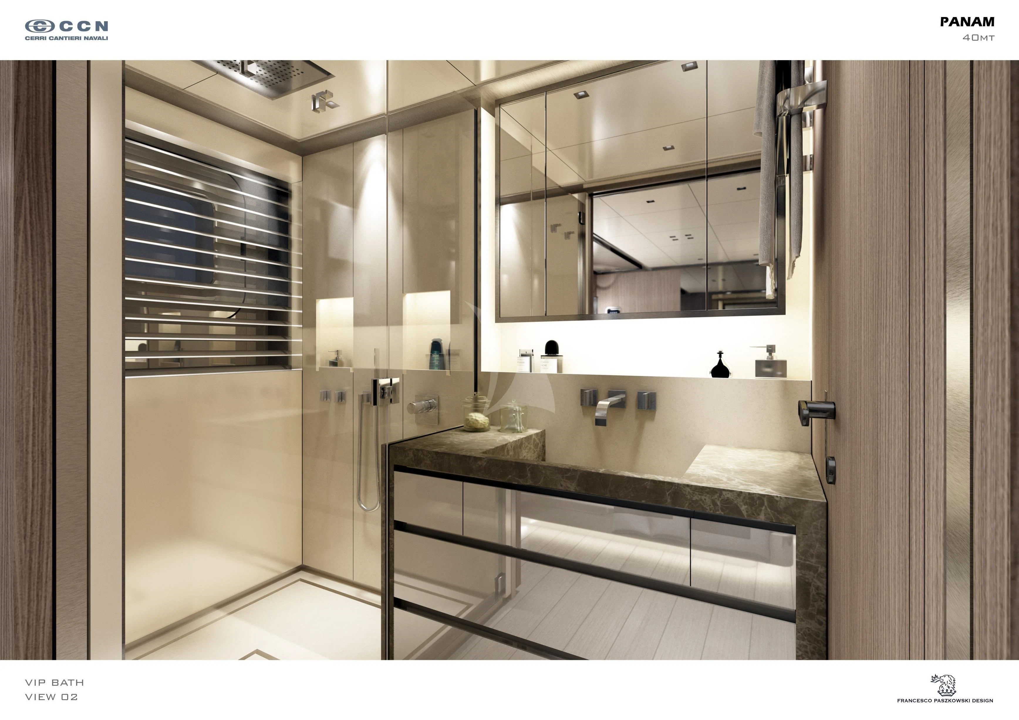 a bathroom with a large mirror aboard PANAM Yacht for Sale