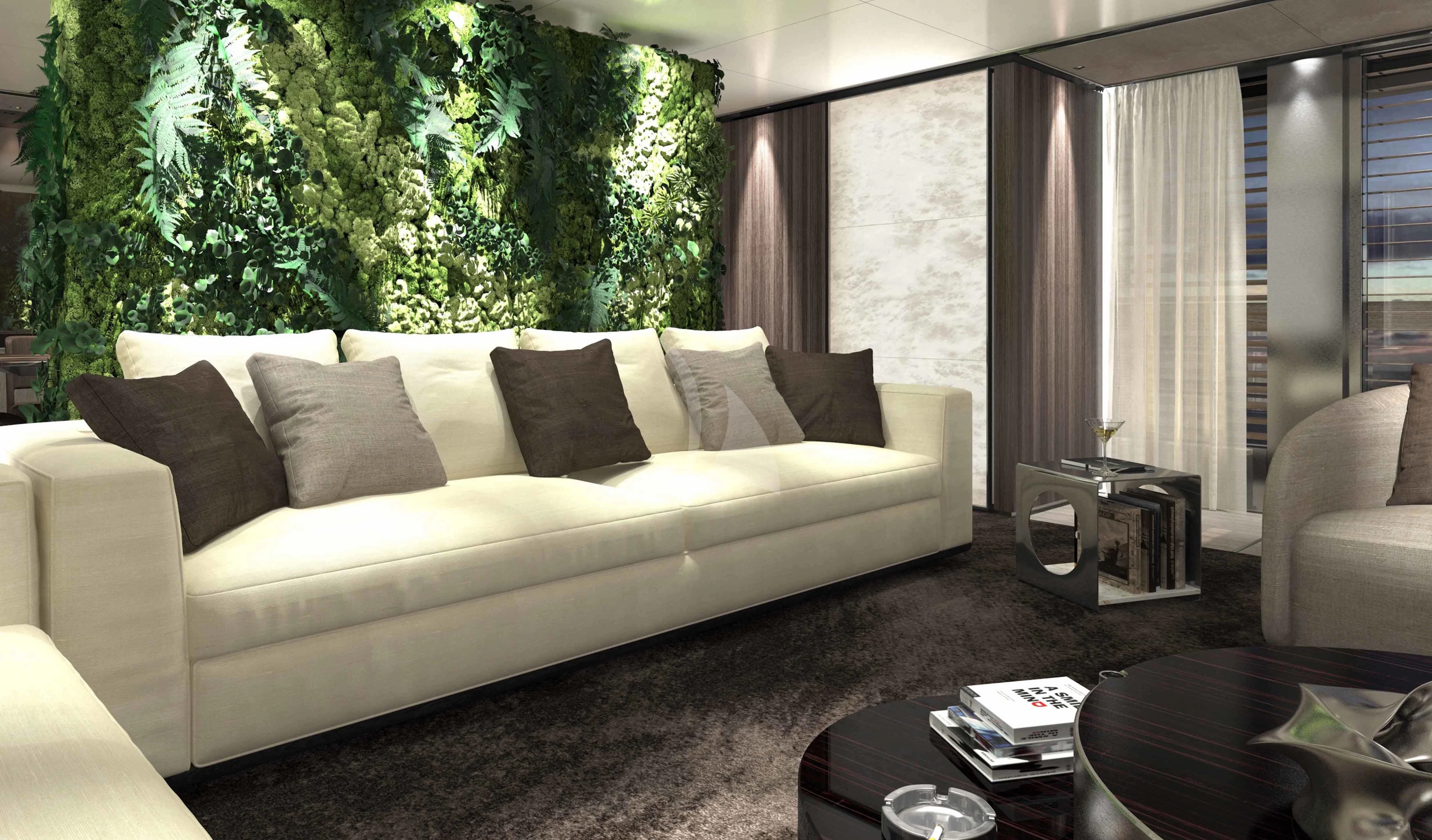 a living room with a couch and a coffee table aboard PANAM Yacht for Sale