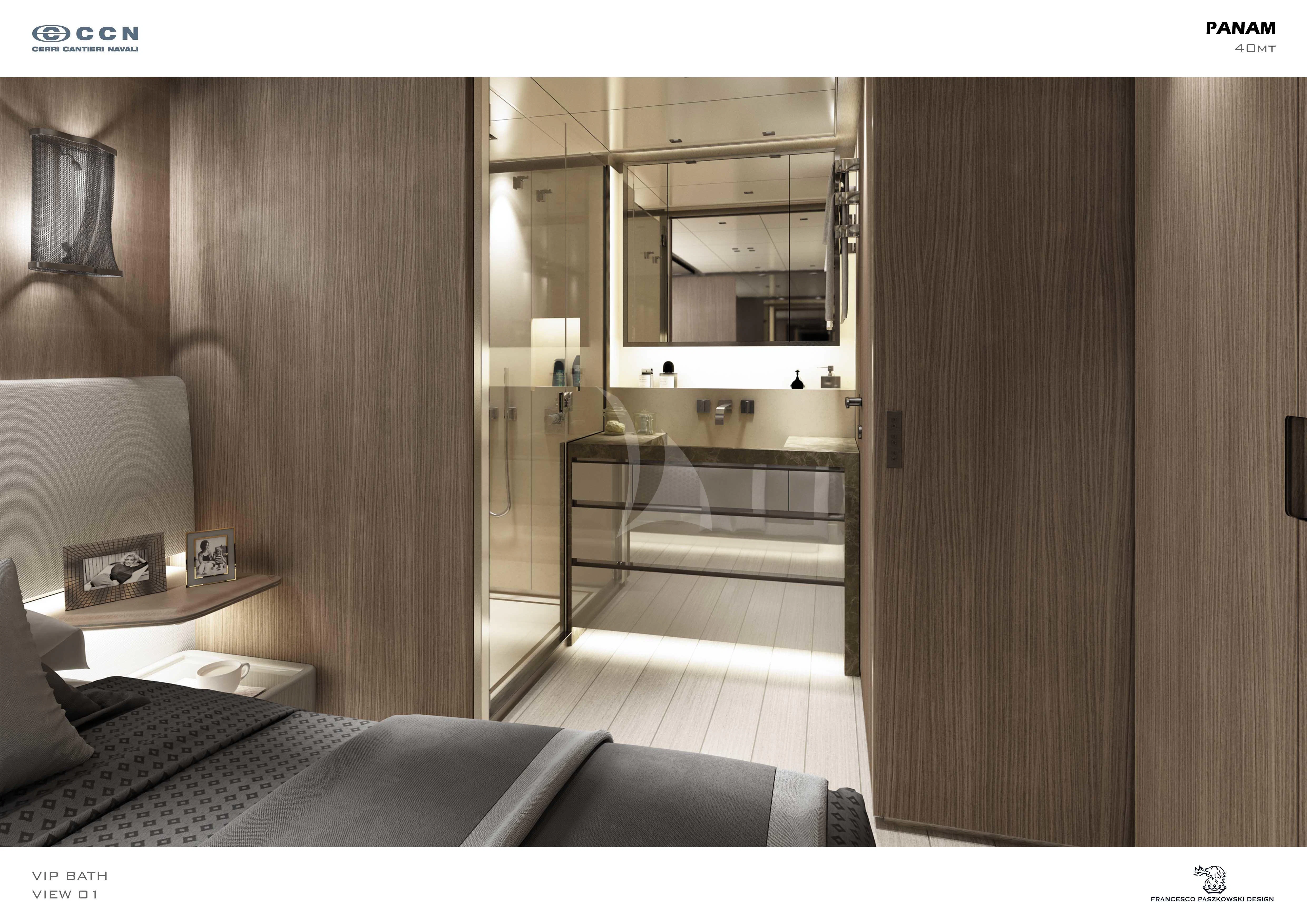 a room with a bed and a mirror aboard PANAM Yacht for Sale