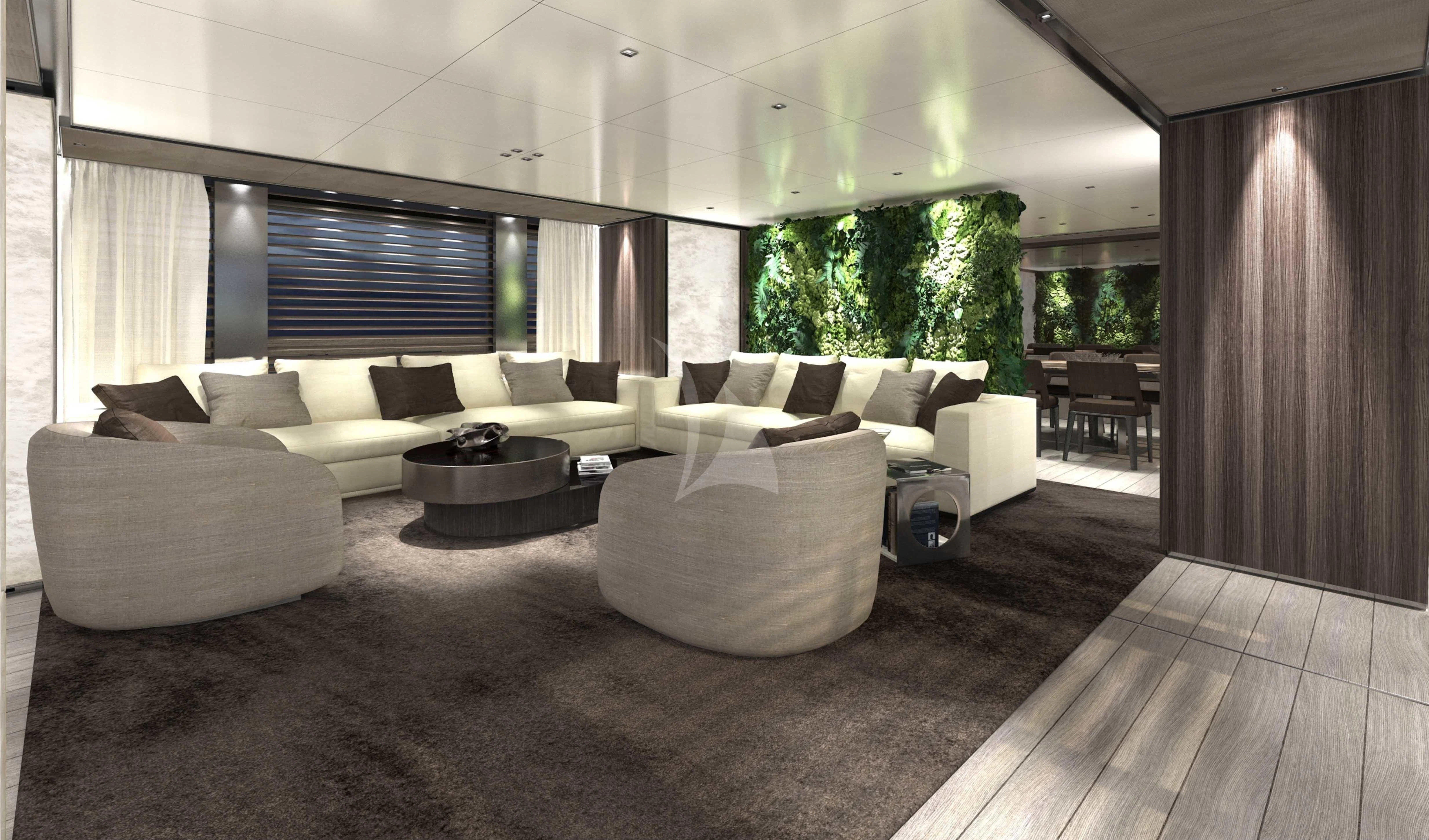 a large living room with a large couch and a large window aboard PANAM Yacht for Sale