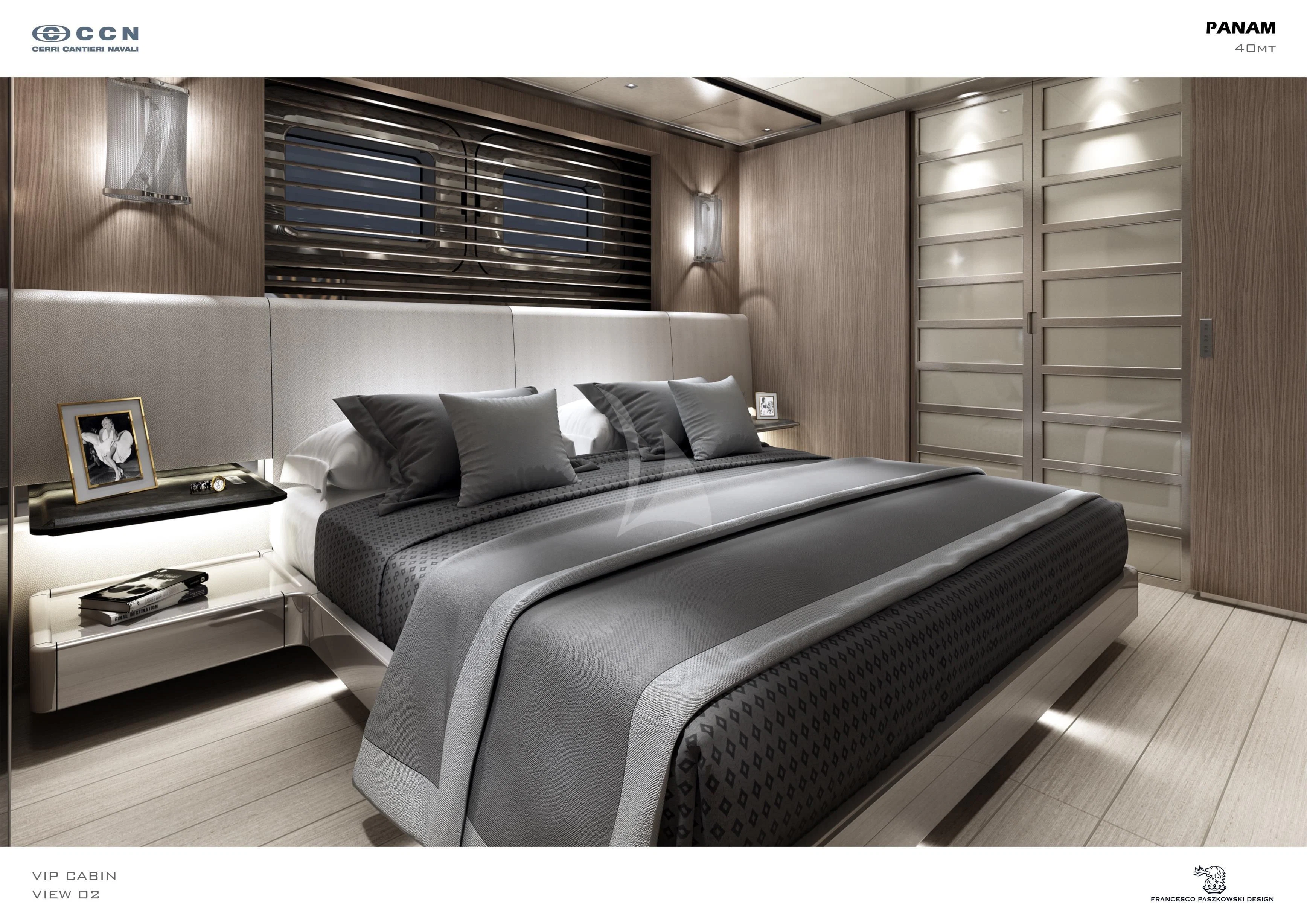 a bed in a room aboard PANAM Yacht for Sale