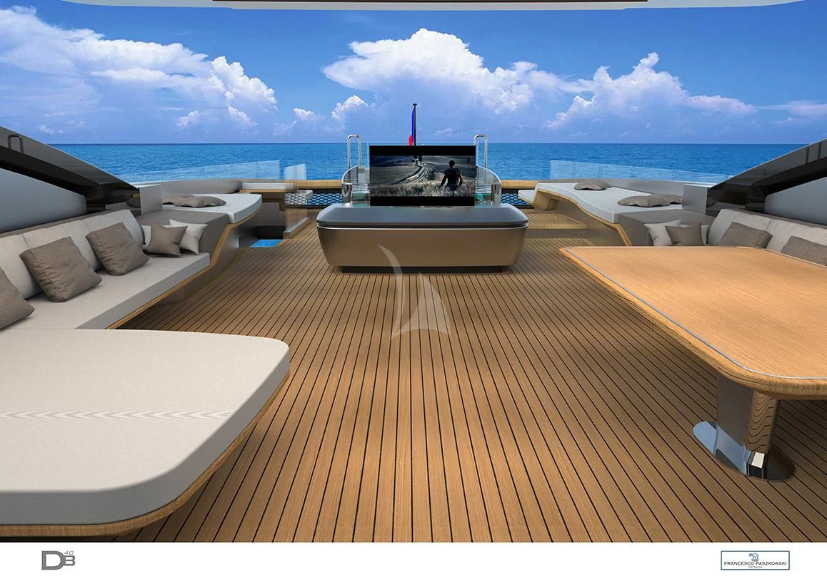 a deck with a boat on it aboard PANAM Yacht for Sale