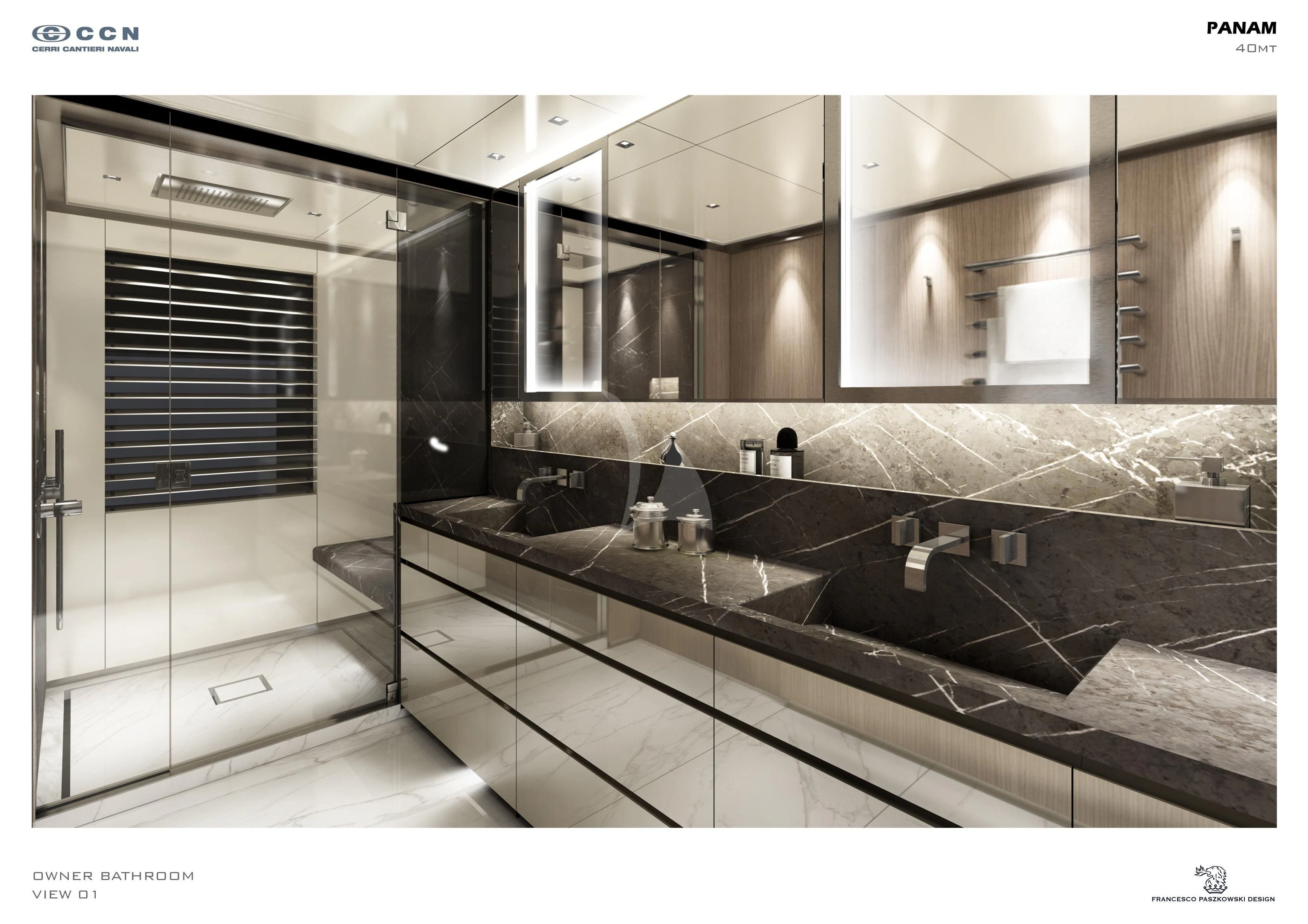 a bathroom with a large mirror aboard PANAM Yacht for Sale