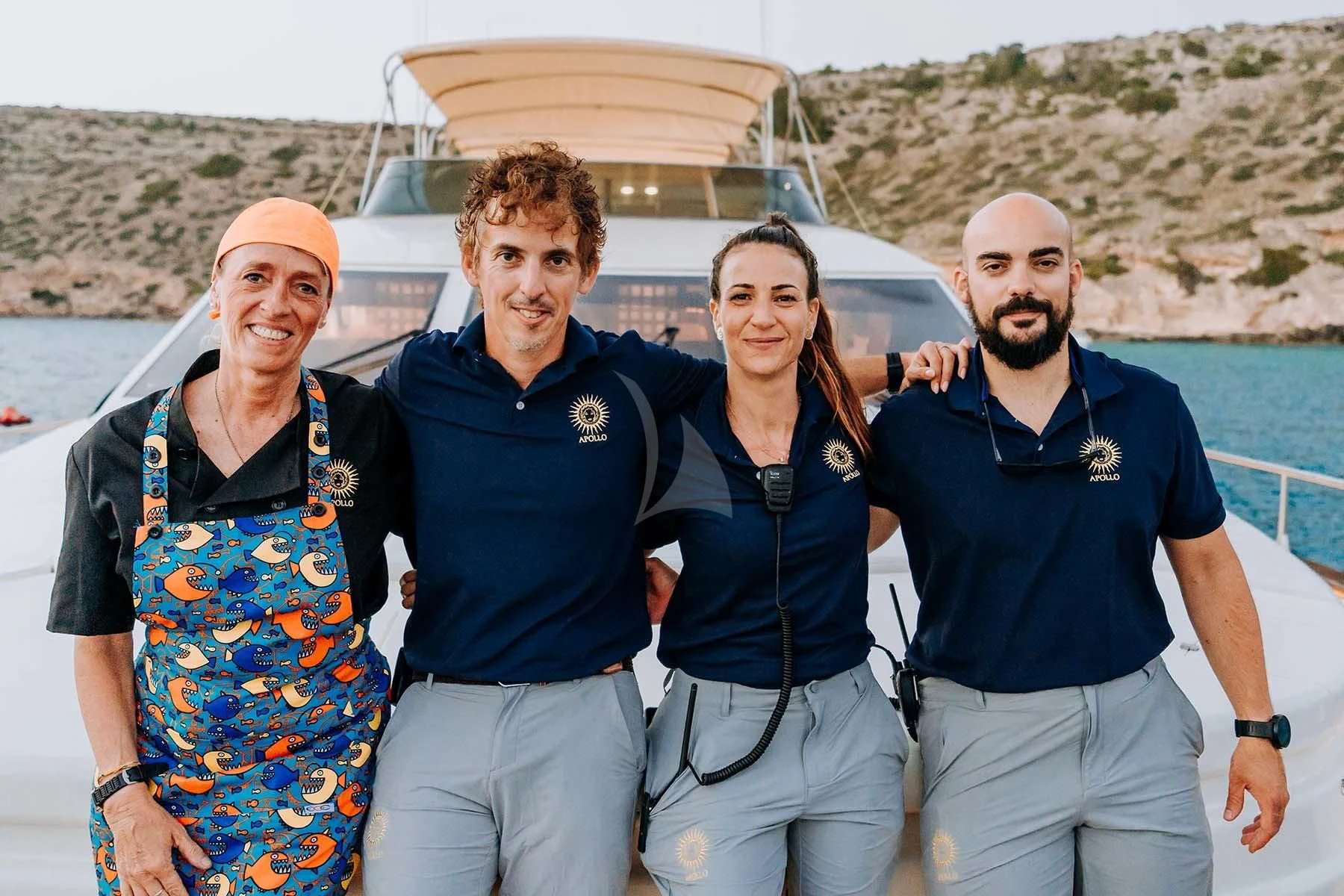 Ingrid Klimke et al. posing for a photo aboard SONRISA SEPTIMO Yacht for Sale